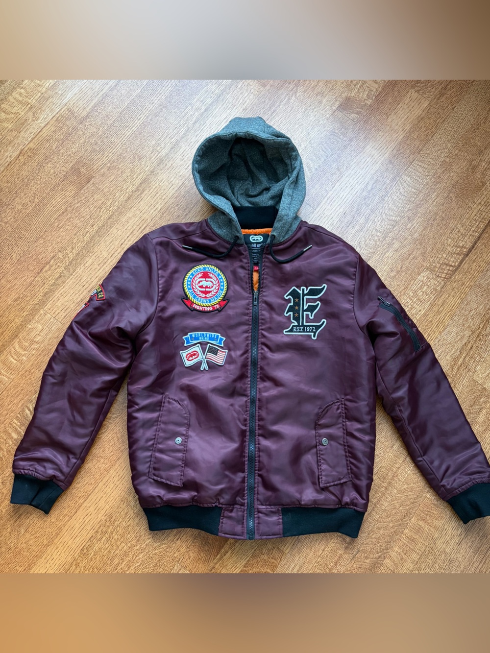Vintage Ecko Unltd Hooded Bomber Jacket Maroon Y2K Patch Streetwear Men's Small
